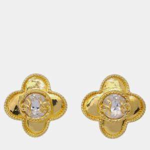 Pre Owned Chanel Cross Earrings Clip-On Rhinestone Gold 95A