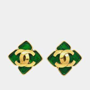 Pre Owned Chanel Gripoix Rhombus Earrings Clip-On Gold Green 95P