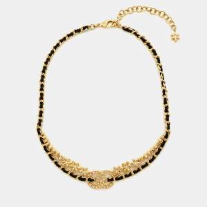 Pre Owned Chanel CC Crystals Leather Gold Tone Necklace