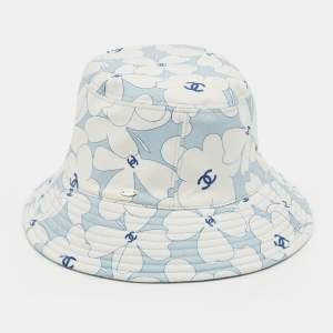 Pre Owned Chanel Light Blue/Printed Denim & Cotton Reversible Bucket Hat (56cm)