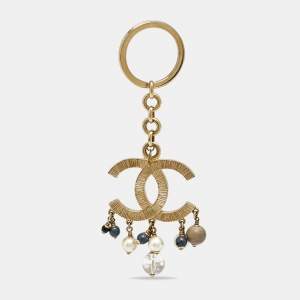 Pre Owned Chanel CC Beads Faux Pearl Gold Tone Key Chain