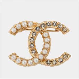 Pre Owned Chanel Cc Logo Brooch Gold Metal Rhinestone Faux Pearl