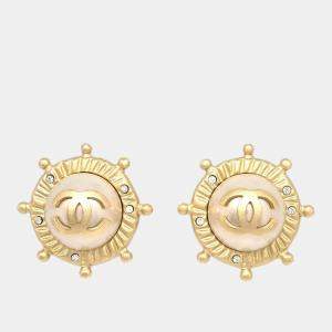 Pre Owned Chanel Gold Button Earrings Clip-On Rhinestone Artificial Pearl