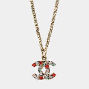 Pre Owned Chanel Gold Mini CC Pendant Necklace Rhinestone
