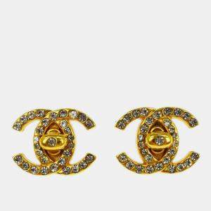 Pre Owned Chanel CC Turnlock Rhinestone Earrings Clip-On Gold Small