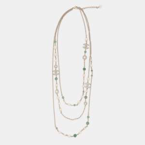 Pre Owned Chanel CC Multi Beads Faux Pearl Crystal Gold Tone Long Necklace