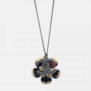 Pre Owned Chanel CC Flower Ladybug Chain Necklace Pendant Silver Black