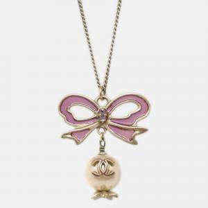 Pre Owned Chanel Chain Pendant Necklace Artificial Pearl Bow Gold