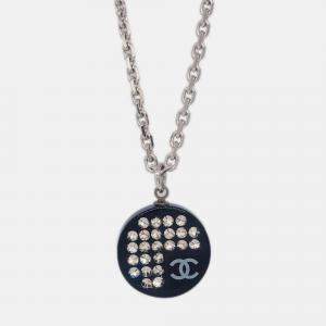 Pre Owned Chanel Medallion Pendant Necklace Rhinestone Silver Black