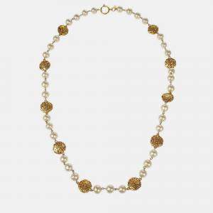 Pre Owned Chanel Artificial Pearl Chain Necklace Gold