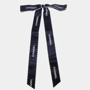 Pre Owned Chanel Bow Motif Brooch Pin Navy Satin