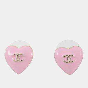 Pre Owned Chanel Cc Logo Heart Earrings Pink Metal
