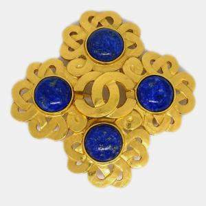 Pre Owned Chanel Stone Brooch Pin Gold Blue