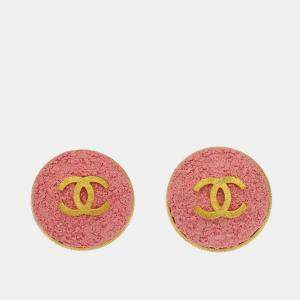 Pre Owned Chanel Gold Pink Button Earrings Clip-On