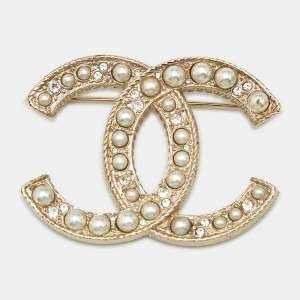 Pre Owned Chanel CC Faux Pearl Crystals Gold Tone Brooch