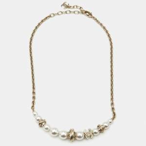 Pre Owned Chanel CC Faux Pearl Crystals Gold Tone Necklace