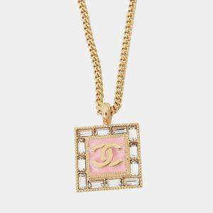 Pre Owned Chanel Cc Logo Rhinestone Necklace Pink/Gold Gold Plated Rhinestone