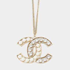 Pre Owned Chanel Cc Logo Necklace Metal Faux Pearl Rhinestone