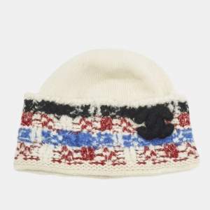 Pre Owned Chanel White Intarsia Cashmere Knit Beanie 