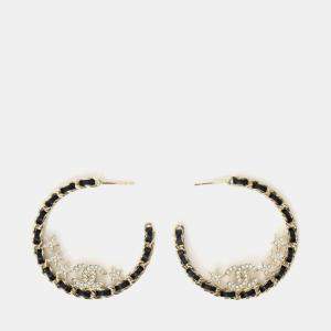 Pre Owned Chanel 2023 Gold-Tone/Black Leather Braided Crystal Star CC Hoop Earrings