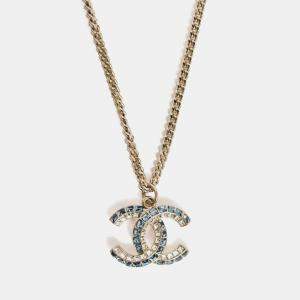 Pre Owned Chanel 2019 Silver Toned Blue Crystal CC Long Necklace