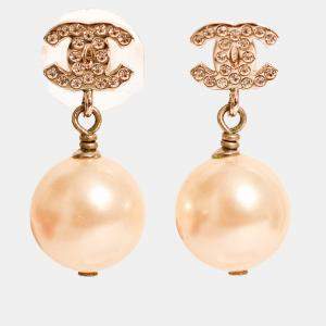 Pre Owned Chanel 2015 Gold Toned Crystal CC Faux Pearl Drop Earrings