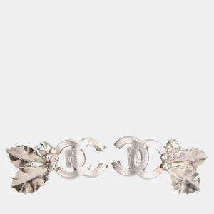 Pre Owned Chanel 2005 Silver Tone Metal Foliage Earrings
