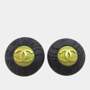 Pre Owned Chanel Button Earrings Clip-On Gold Black