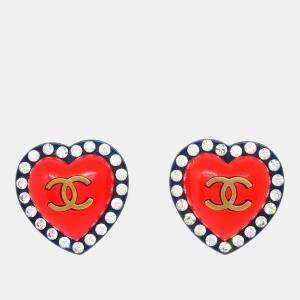 Pre Owned Chanel Heart Rhinestone Earrings Clip-On Red