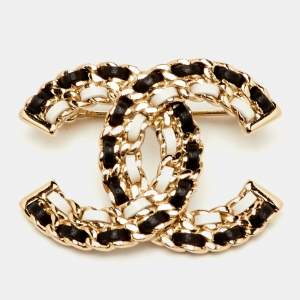 Pre Owned Chanel CC Leather Woven Gold Tone Pin Brooch