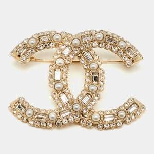 Pre Owned Chanel CC Crystal Faux Pearl Gold Tone Pin Brooch 