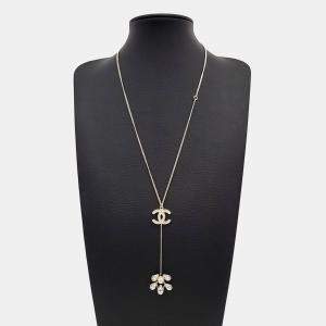 Pre Owned Chanel Gold Plated Pearl Crystal Logo Necklace