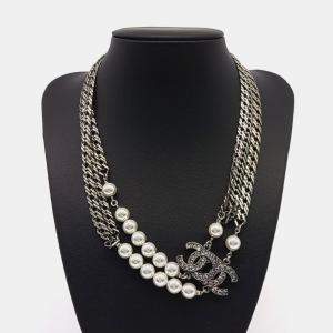 Pre Owned Chanel Silver Plated Logo Pearl Necklace