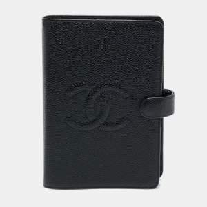 Pre Owned Chanel Coco Mark Black Caviar Leather Agenda Notebook