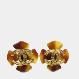 Pre Owned Chanel Acrylic Earrings Clip-On Brown