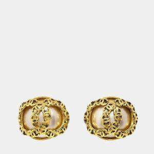 Pre Owned Chanel Button Earrings Clip-On Gold Artificial Pearl