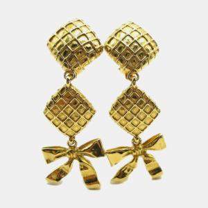 Pre Owned Chanel Quilted Bow Dangle Earrings Clip-On Gold