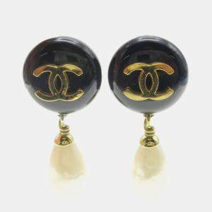 Pre Owned Chanel Artificial Pearl Dangle Earrings Clip-On Black