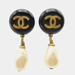 Pre Owned Chanel Artificial Pearl Dangle Earrings Clip-On Black