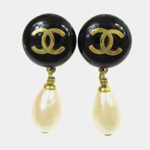 Pre Owned Chanel Artificial Pearl Dangle Earrings Clip-On Black White