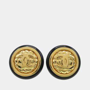 Pre Owned Chanel Button Earrings Clip-On Black Gold