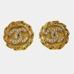 Pre Owned Chanel Button Rhinestone Earrings Clip-On Gold