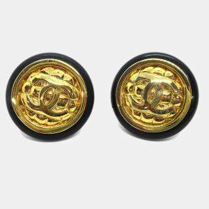 Pre Owned Chanel Button Earrings Clip-On Gold Black