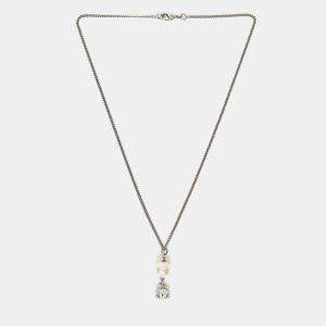 Pre Owned Chanel Silver Tone Faux Pearl CC Drop Pendant Necklace