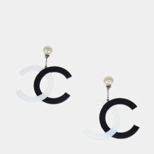 Pre Owned Chanel Dangle CC Earrings Clip-On Silver Artificial Pearl