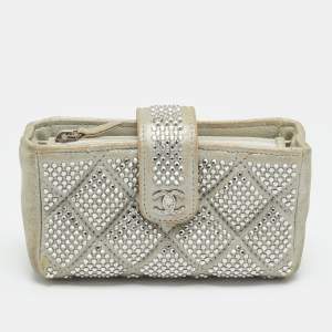مملوكة مسبقًا Chanel O-Phone Holder Crystal Embellished Silver Quilted Suede