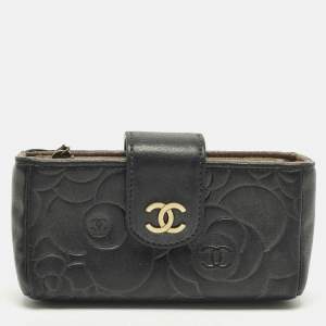 Pre Owned Chanel O-Phone Holder Black Camellia Embossed Leather