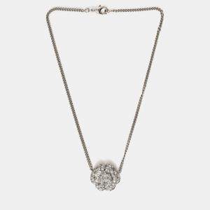 Pre Owned Chanel  Silver Tone Sterling Silver Crystal Camellia Flower Necklace