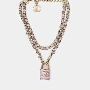 Pre Owned Chanel 2018 Gold Toned Chain/Metallic Purple Leather CC Lock Pendant Choker Necklace