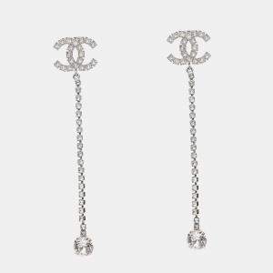 Pre Owned Chanel 2018 Silver Tone Metal CC Crystal Ear Pendants